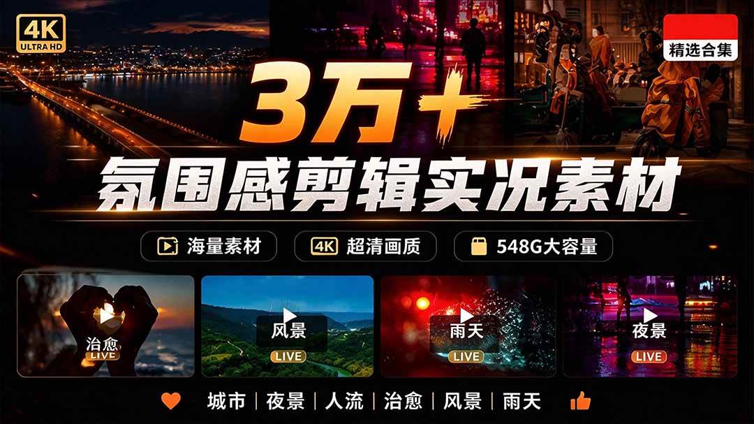 (21009期)氛围感3万+海量高清剪辑实况素材,含雨天、雪天、夜景、街道等经典场景,伤感唯美励志短视频无水印素材-离锋创库
