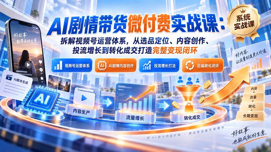 （20611期）AI剧情带货微付费实战课：拆解视频号运营体系，从选品定位、内容创作、投流增长到转化成交打造完整变现闭环-离锋创库