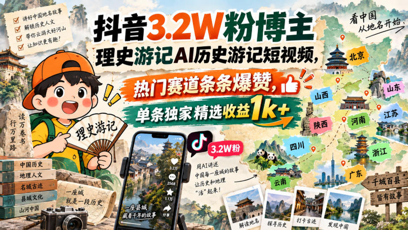 抖音3.2W粉博主理史游记AI历史游记短视频教学，热门赛道条条爆赞，单条独家精选收益1k+-离锋创库