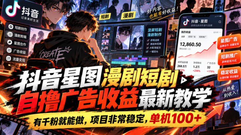 抖音星图漫剧短剧自撸广告收益最新教学，有千粉就能做，项目非常稳定，单机100+-离锋创库