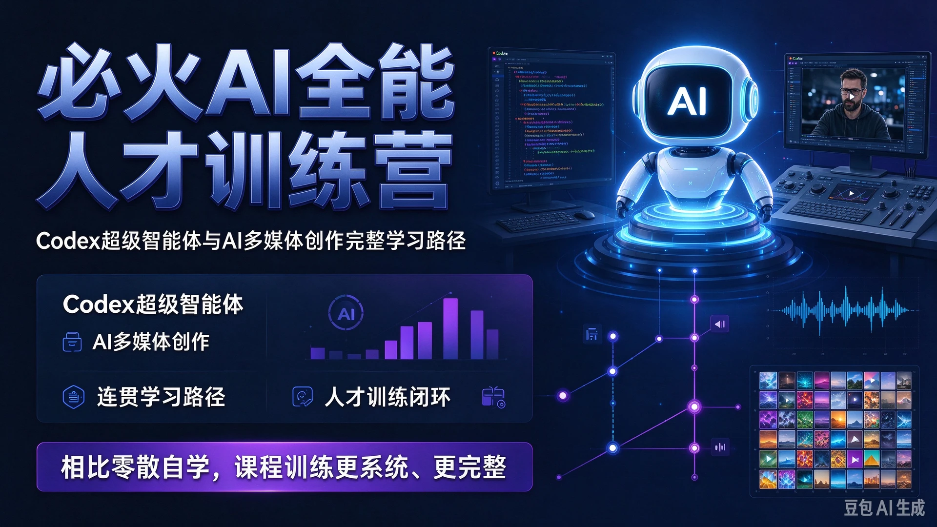 【精】必火AI全能人才训练营,课程模块覆盖Codex超级智能体与AI多媒体创作,相比零散自学拥有连贯完整的学习路径-离锋创库