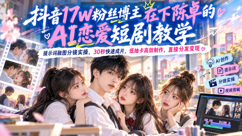【精】抖音17W粉丝博主在下陈卓的AI恋爱短剧教学,提示词融图分镜实操,30秒快速成片,低抽卡高效制作,直接分发变现-离锋创库
