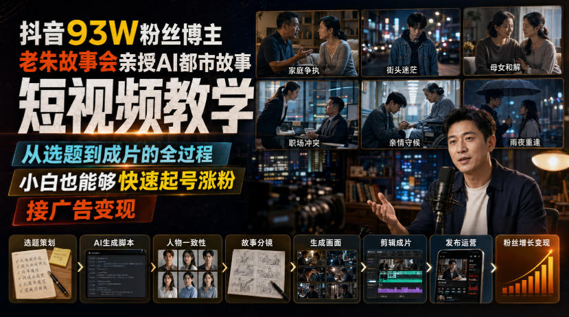 抖音93W粉丝博主老朱故事会亲授AI都市故事短视频教学，从选题到成片的全过程，小白也能够快速起号涨粉接广告变现-离锋创库