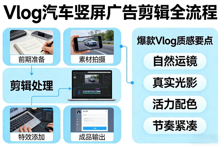 Vlog感觉汽车竖屏广告剪辑脚本全流程，拿捏爆款Vlog质感-离锋创库