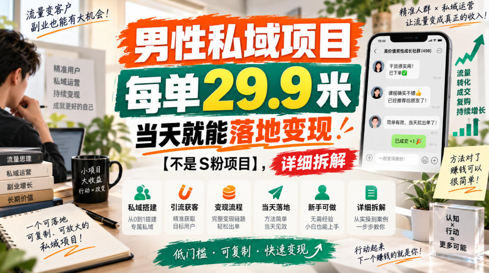 男性私域项目，每单29.9米，当天就能落地变现【不是S粉项目】，详细拆解-离锋创库