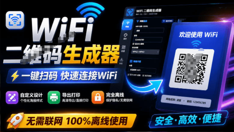 完全离线使用！WiFi二维码生成器，一键扫码快速连接WiFi，支持自定义风格导出WiFi二维码生成器-离锋创库