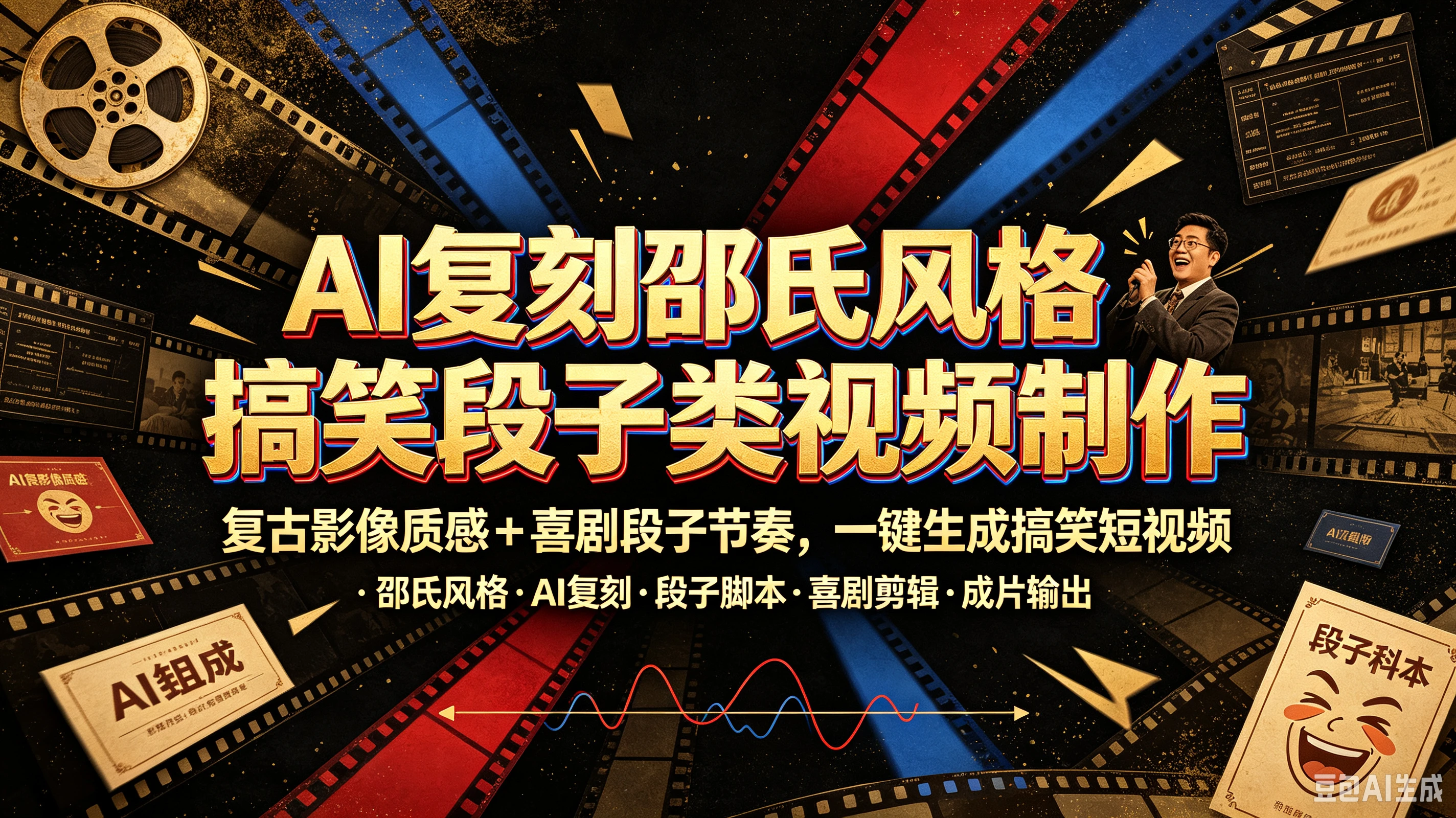 AI复刻邵氏风格搞笑段子类视频制作，复古影像质感+喜剧段子节奏，一键生成搞笑短视频-离锋创库