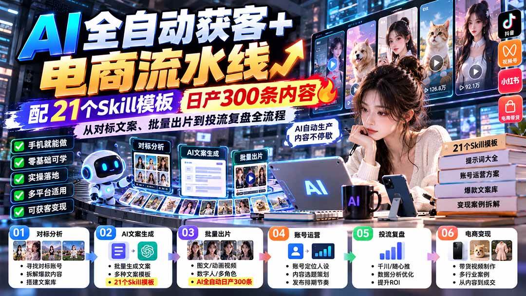 (20713期)【无水印】AI全自动获客+电商流水线-更新0929:配21个Skill模板,日产300条内容,从对标文案、批量出片到投流全流程-离锋创库