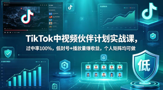 TikTok中视频伙伴计划实战课，过中率100%，低封号+播放量賺收益，个人矩阵均可做-离锋创库