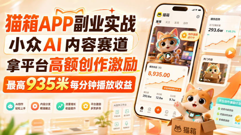 猫箱APP副业实战,小众AI内容赛道,拿平台高额创作激励,最高935米每分钟播放收益-离锋创库