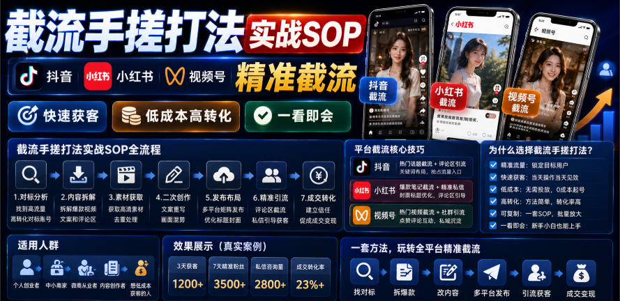 截流手搓打法实战SOP，抖音小红书视频号精准截流，快速获客，低成本高转化，一看即会-离锋创库