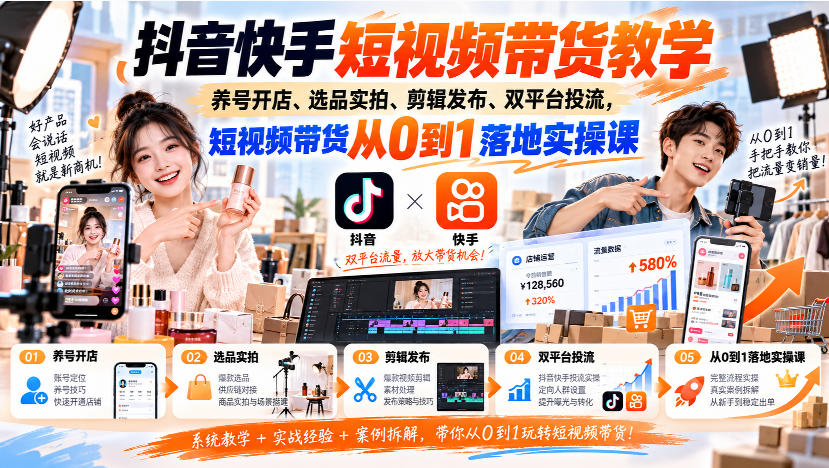抖音快手短视频带货教学｜养号开店、选品实拍、剪辑发布、双平台投流，短视频带货从0到1落地实操课-离锋创库