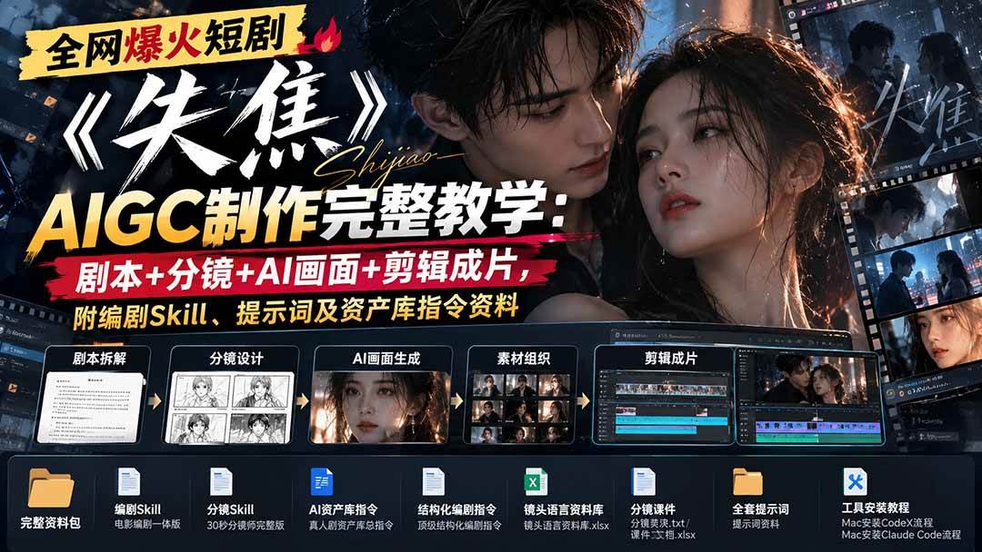 （20805期）全网爆火短剧《失焦》AIGC制作完整教学：剧本+分镜+AI画面+剪辑成片，附编剧Skill、提示词及资产库指令资料-离锋创库