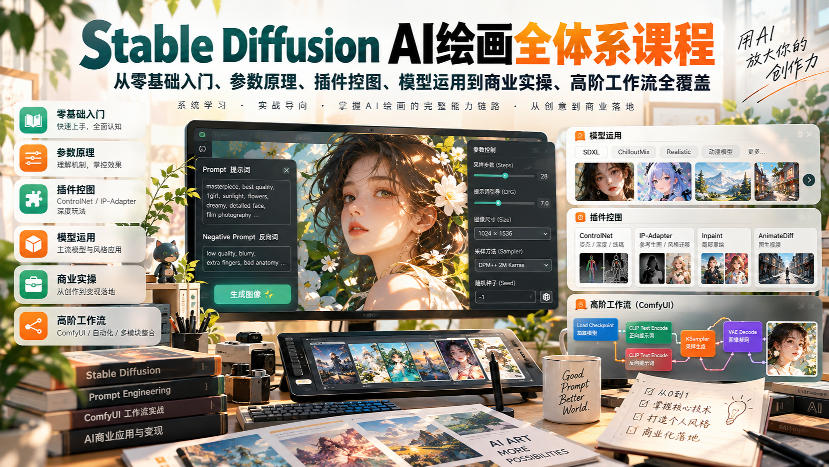 【无水印】Stable Diffusion AI绘画全体系课程，从零基础入门、参数原理、插件控图、模型运用到商业实操、高阶工作流全覆盖-离锋创库