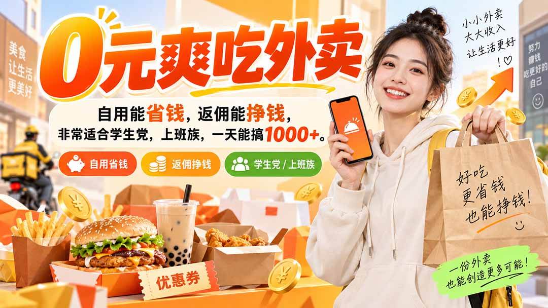 (20309期)0元爽吃外卖,自用能省钱,返佣能挣钱,非常适合学生党,上班族,一天能搞1000+-离锋创库