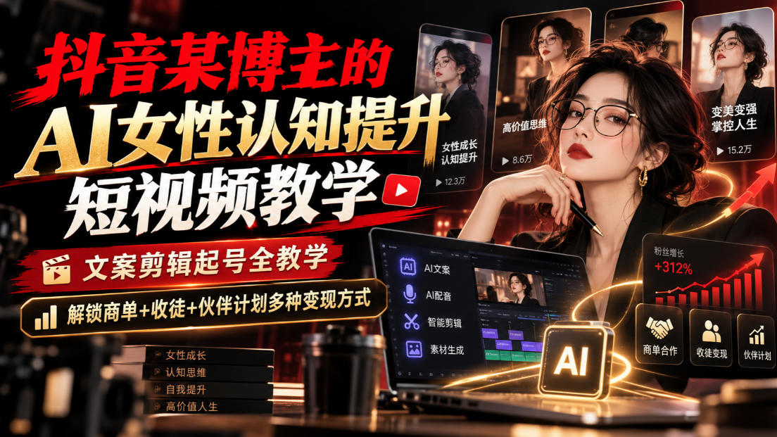 抖音某博主的Ai女性认知提升短视频教学,文案剪辑起号全教学,解锁商单+收徒+伙伴计划多种变现方式-离锋创库