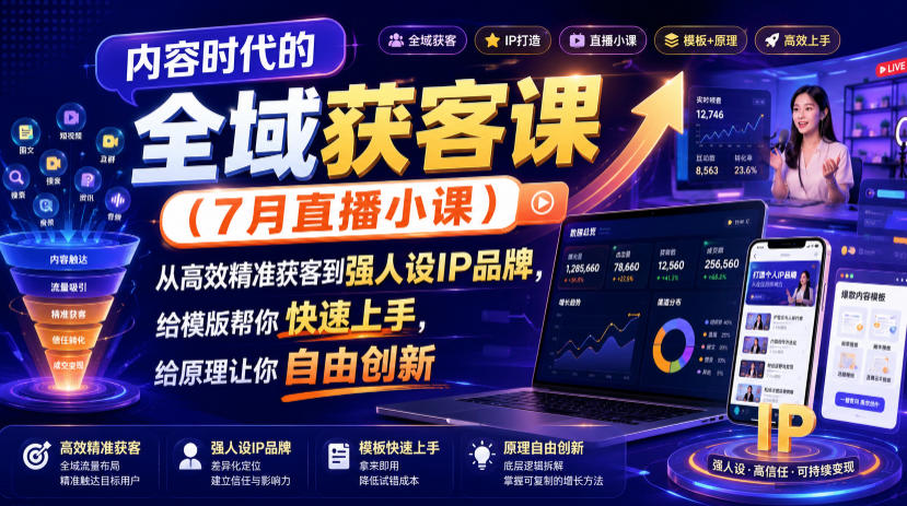 内容时代的全域获客课(7月直播小课),从高效精准获客到强人设IP品牌,给模版帮你快速上手,给原理让你自由创新-离锋创库
