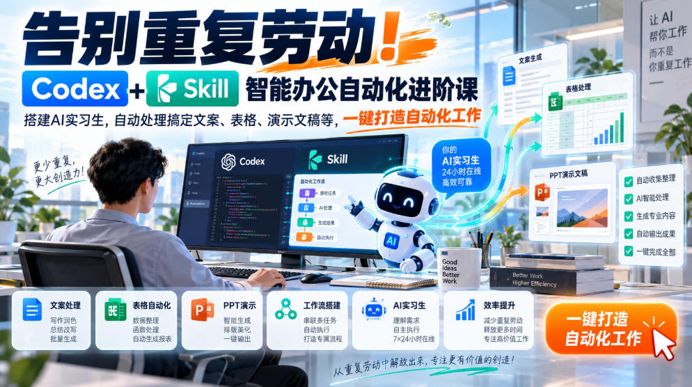 告别重复劳动！Codex+Skill智能办公自动化进阶课｜搭建AI实习生，自动处理搞定文案、表格、演示文稿等，一键打造自动化工作-离锋创库