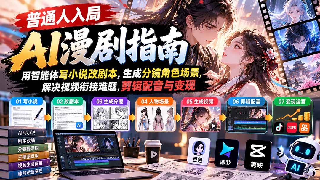 （21033期）【无水印】普通人入局AI漫剧指南：用智能体写小说改剧本，生成分镜角色场景，解决视频衔接难题，剪辑配音与变现-离锋创库