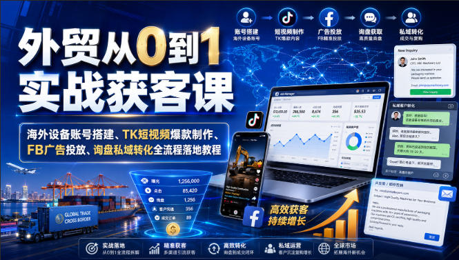 外贸从0到1实战获客课｜海外设备账号搭建、TK短视频爆款制作、FB广告投放、询盘私域转化全流程落地教程-离锋创库