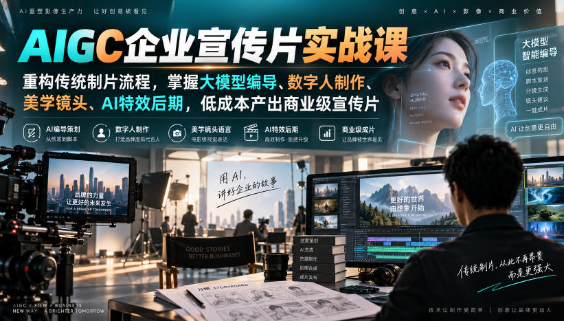 AIGC企业宣传片实战课，重构传统制片流程，掌握大模型编导、数字人制作、美学镜头、AI特效后期，低成本产出商业级宣传片-离锋创库