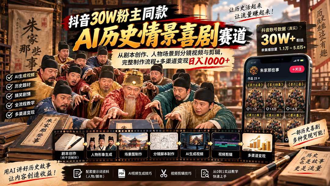 （20613期）抖音30W粉博主同款AI历史情景喜剧赛道：从剧本创作、人物场景到分镜视频与剪辑，完整制作流程+多渠道变现日入1000+-离锋创库