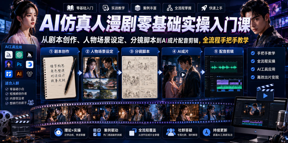 AI仿真人漫剧零基础实操入门课，从剧本创作、人物场景设定、分镜脚本到AI成片配音剪辑，全流程手把手教学-离锋创库