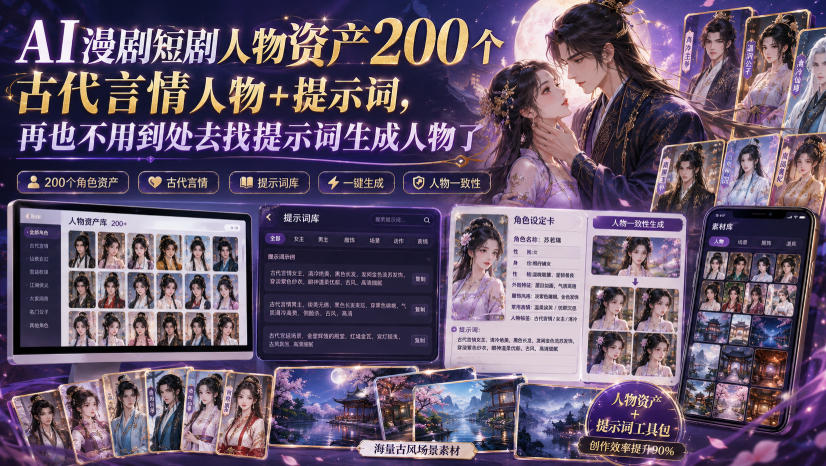 AI漫剧短剧人物资产200个古代言情人物+提示词，再也不用到处去找提示词生成人物了-离锋创库