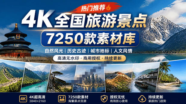 热门全国旅游风景素材！4K全国旅游景点素材库，7250款素材，旅行达人城市航拍风景风光高清短视频-离锋创库