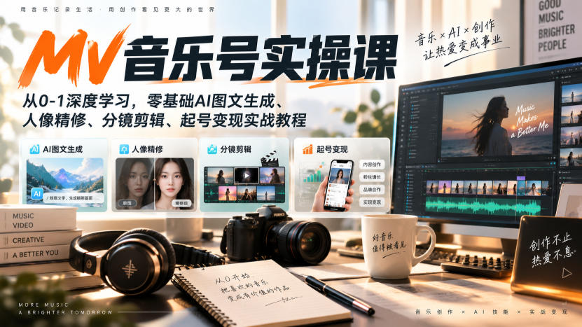 AI MV音乐号实操课，从0-1深度学习，零基础AI图文生成、人像精修、分镜剪辑、起号变现实战教程-离锋创库