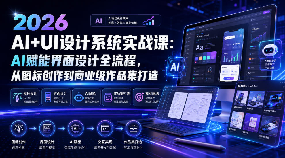2026 AI+UI设计系统实战课：AI赋能界面设计全流程，从图标创作到商业级作品集打造-离锋创库
