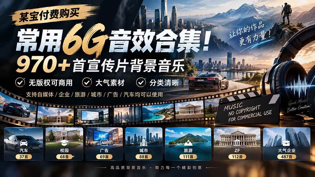 （20603期）某宝付费购买，常用6G音效合集！970+首宣传片背景音乐，无版权可商用大气素材，分类清晰-离锋创库