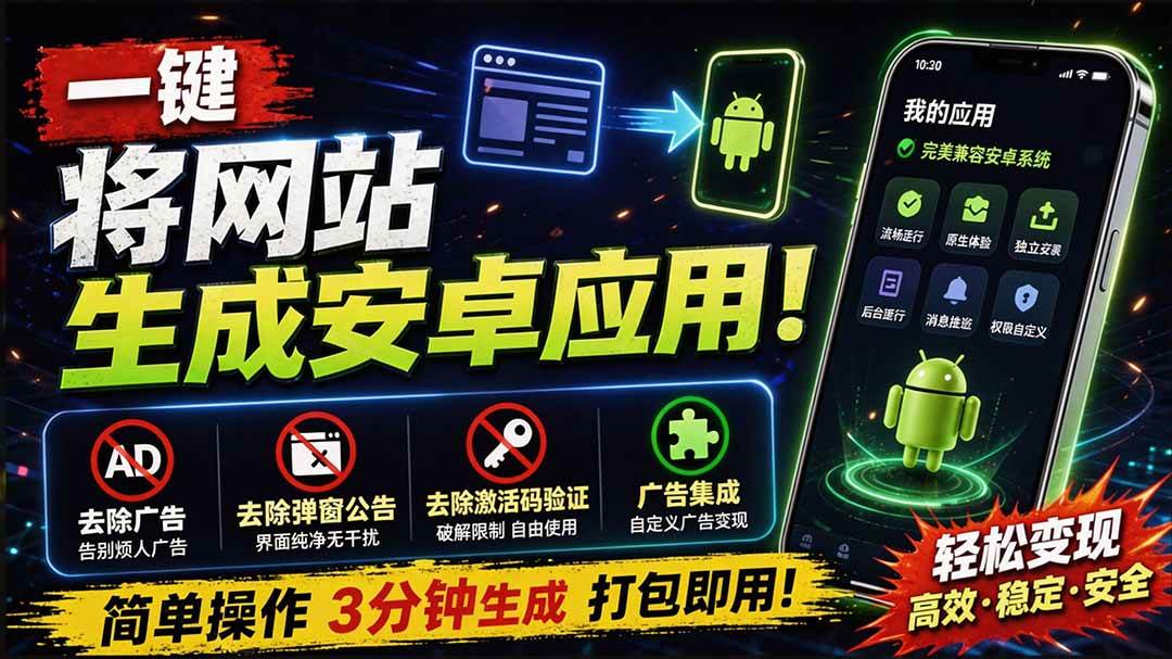 （20305期）目前最好用，一键将网站生成安卓应用！支持去除广告、弹窗公告、激活码验证、广告集成等 web-to-app-离锋创库