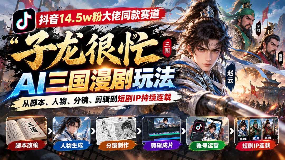 (20818期)抖音14.5w粉大佬同款赛道「子龙很忙」AI三国漫剧玩法:从脚本、人物、分镜、剪辑到短剧IP持续连载-离锋创库