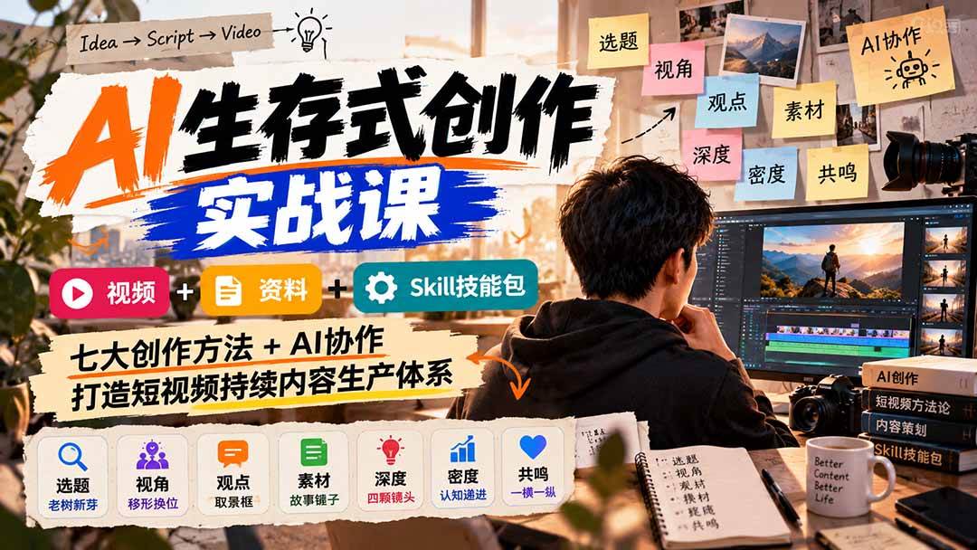 （21081期）AI生存式创作实战课：视频+资料+Skill技能包，七大创作方法+AI协作，打造短视频持续内容生产体系-离锋创库