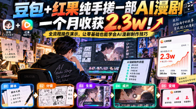 豆包+红果纯手搓一部AI漫剧一个月收获2.3w！全流程操作演示，让零基础也能学会AI漫剧制作技巧-离锋创库