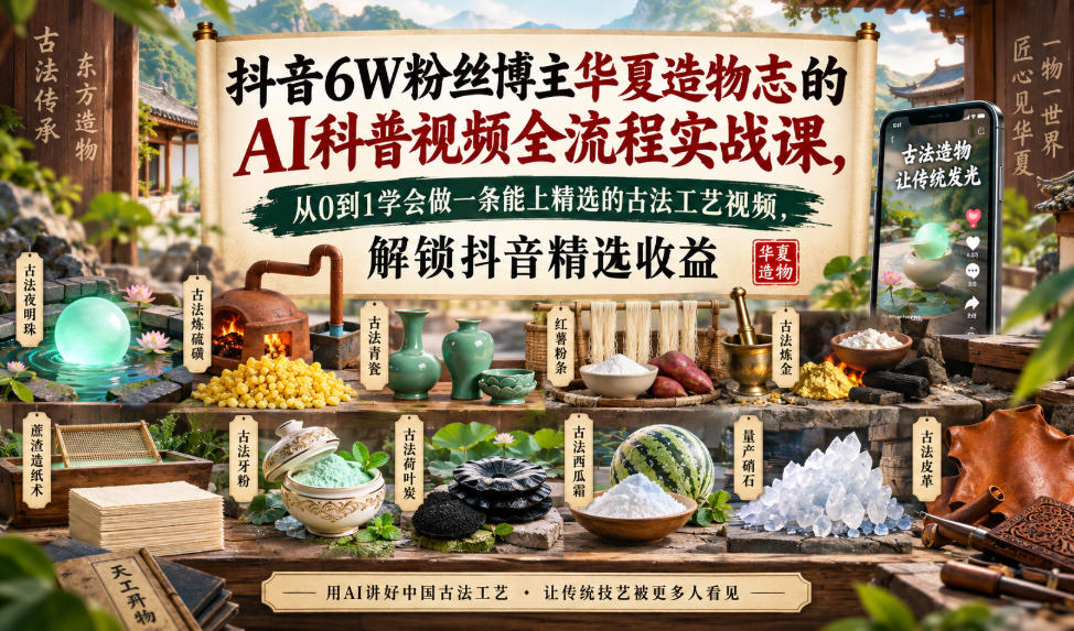 抖音6W粉丝博主华夏造物志的AI科普视频全流程实战课，从0到1学会做一条能上精选的古法工艺视频，解锁抖音精选收益-离锋创库