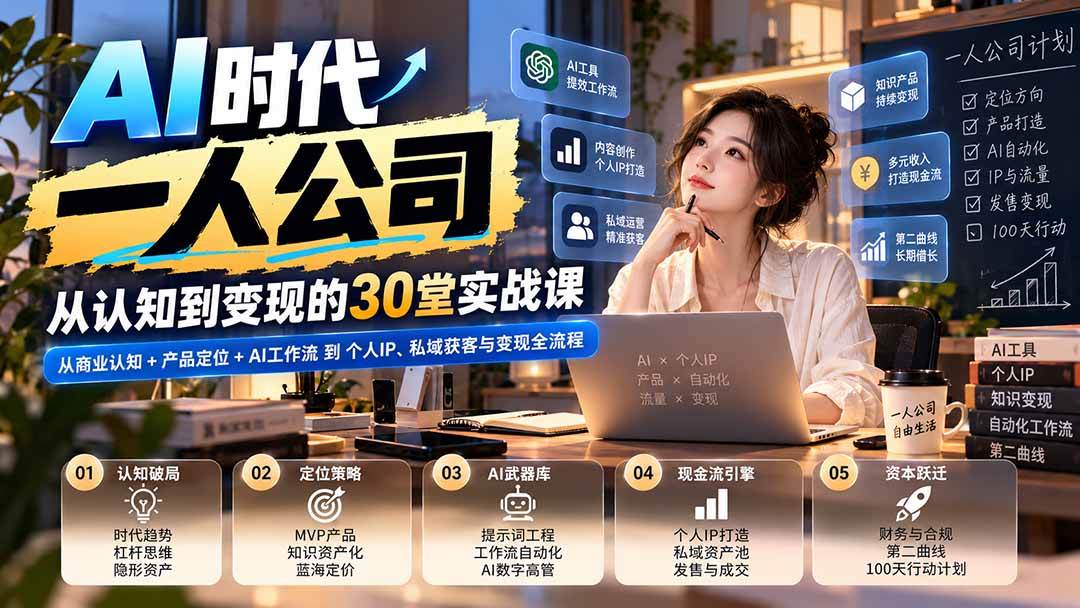 (20847期)【无水印】AI时代一人公司30堂实战课:从商业认知+产品定位+AI工作流到个人IP、私域获客与变现全流程-离锋创库