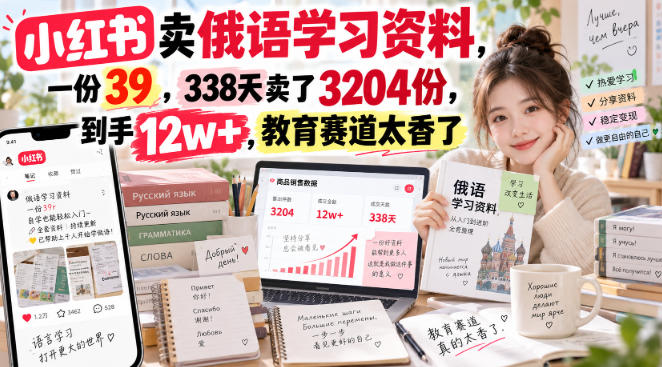 小红书卖俄语学习资料，一份39，338天卖了3204份，到手12w+，教育赛道太香了-离锋创库