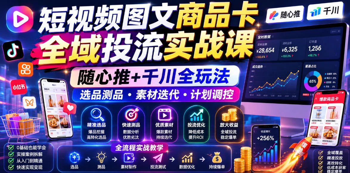 【精】短视频图文商品卡全域投流实战课，随心推+千川全玩法，选品测品・素材迭代・计划调控，提升ROI爆单增收教程-离锋创库