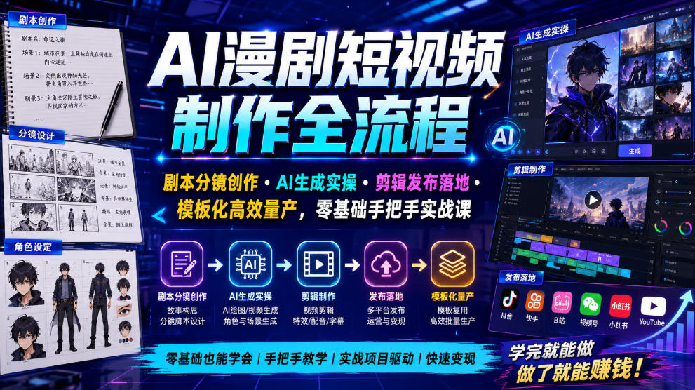 AI漫剧短视频制作全流程|剧本分镜创作・AI生成实操・剪辑发布落地・模板化高效量产,零基础手把手实战课-离锋创库