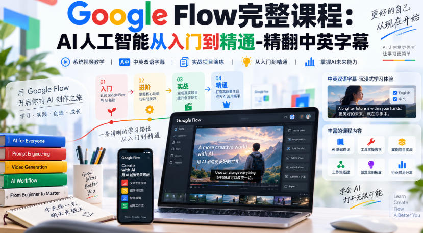 【无水印】Google Flow完整课程：AI人工智能从入门到精通-精翻中英字幕-离锋创库