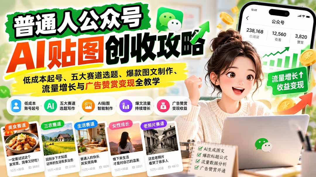(20972期)普通人公众号AI贴图创收攻略:低成本起号、五大赛道选题、爆款图文制作、流量增长与广告赞赏变现全教学-离锋创库
