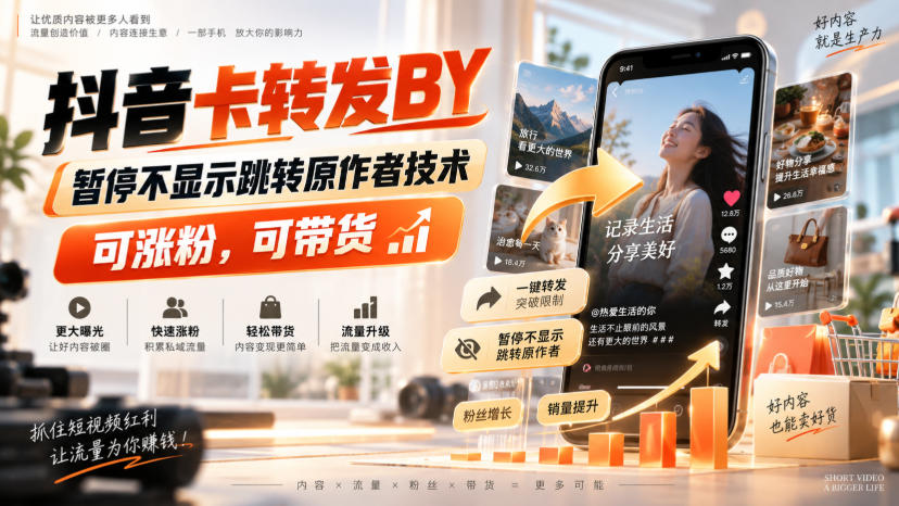 抖音卡转发搬运，暂停不显示跳转原作者技术，可涨粉，可带货-离锋创库