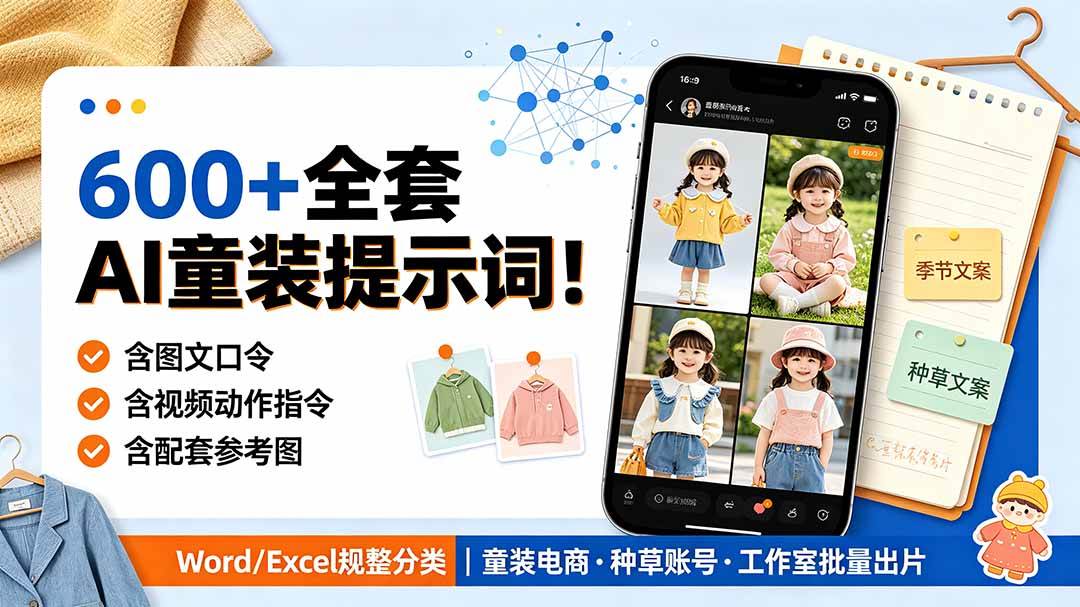 （19302期）600+全套AI童装提示词！含图文口令+视频动作指令+配套参考图，Word/Excel规整分类，童装电商、种草无脑量产内容-离锋创库