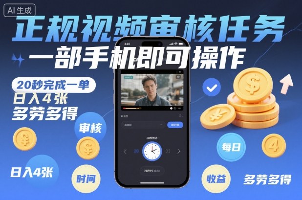 正规视频审核任务，一部手机即可操作，20秒完成一单，日入4张，多劳多得【揭秘】-离锋创库