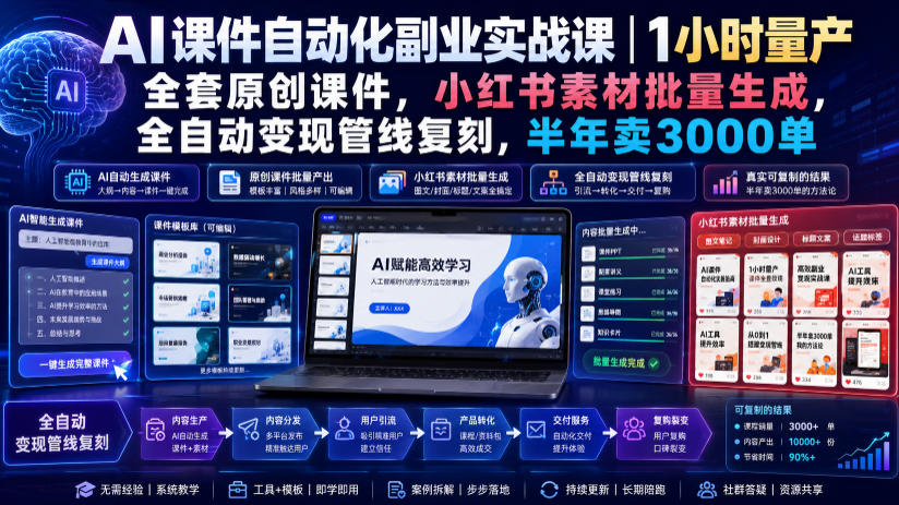 AI课件自动化副业实战课|1小时量产全套原创课件,小红书素材批量生成,全自动变现管线复刻,半年卖3000单-离锋创库