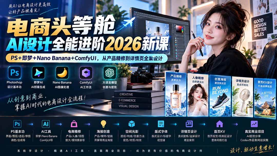 （20284期）电商头等舱AI设计全能进阶2026新课：PS+即梦+Nano Banana+ComfyUI，从产品精修到详情页全案设计-离锋创库