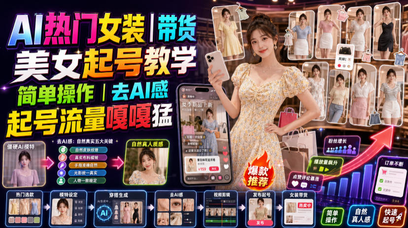 AI热门女装带货丨美女起号教学,简单操作,去AI感,起号流量嘎嘎猛-离锋创库