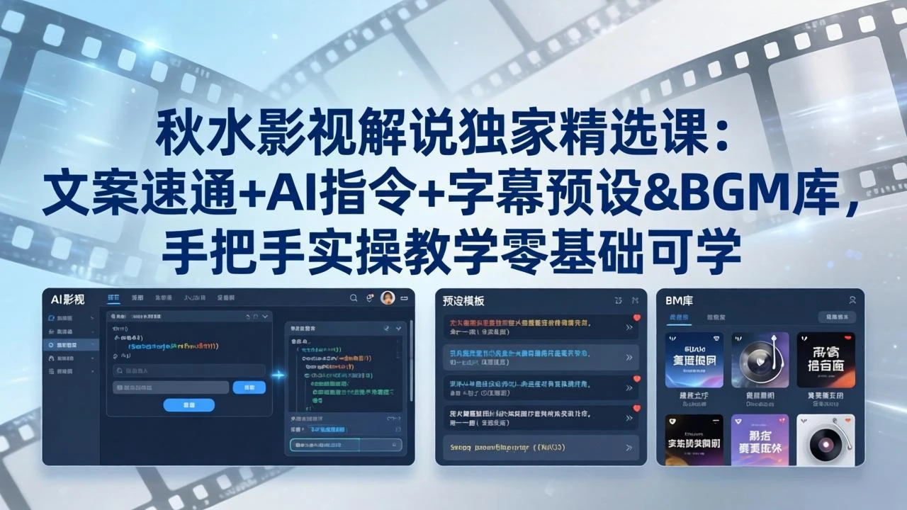 【精】秋水影视解说独家精选课：文案速通+AI指令+字幕预设+BGM库，手把手实操教学零基础可学-离锋创库